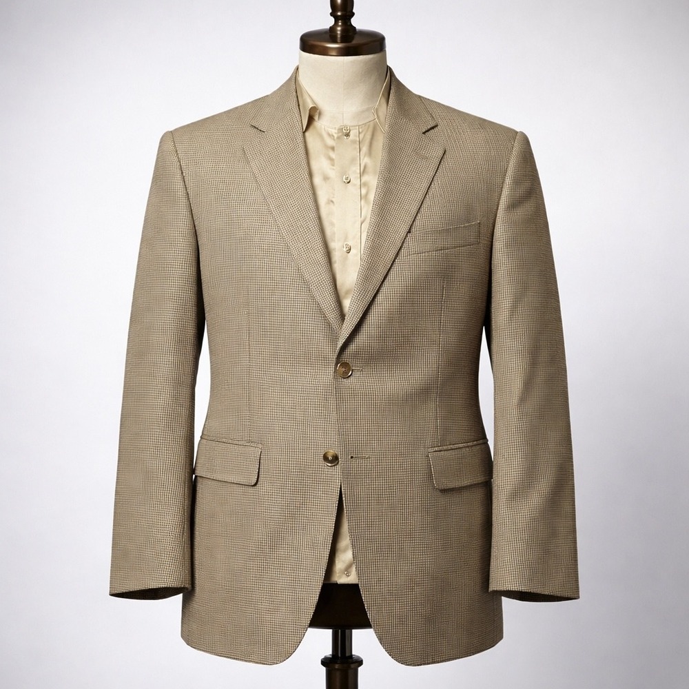 Vintage Brooks Brothers 346 Tan Houndstooth‎ Silk Wool Blazer Jacket 48R